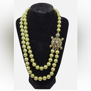 Heidi Daus Green Glass Pearl Necklace w/ Turtle Pendant & Clip-On Earrings Set